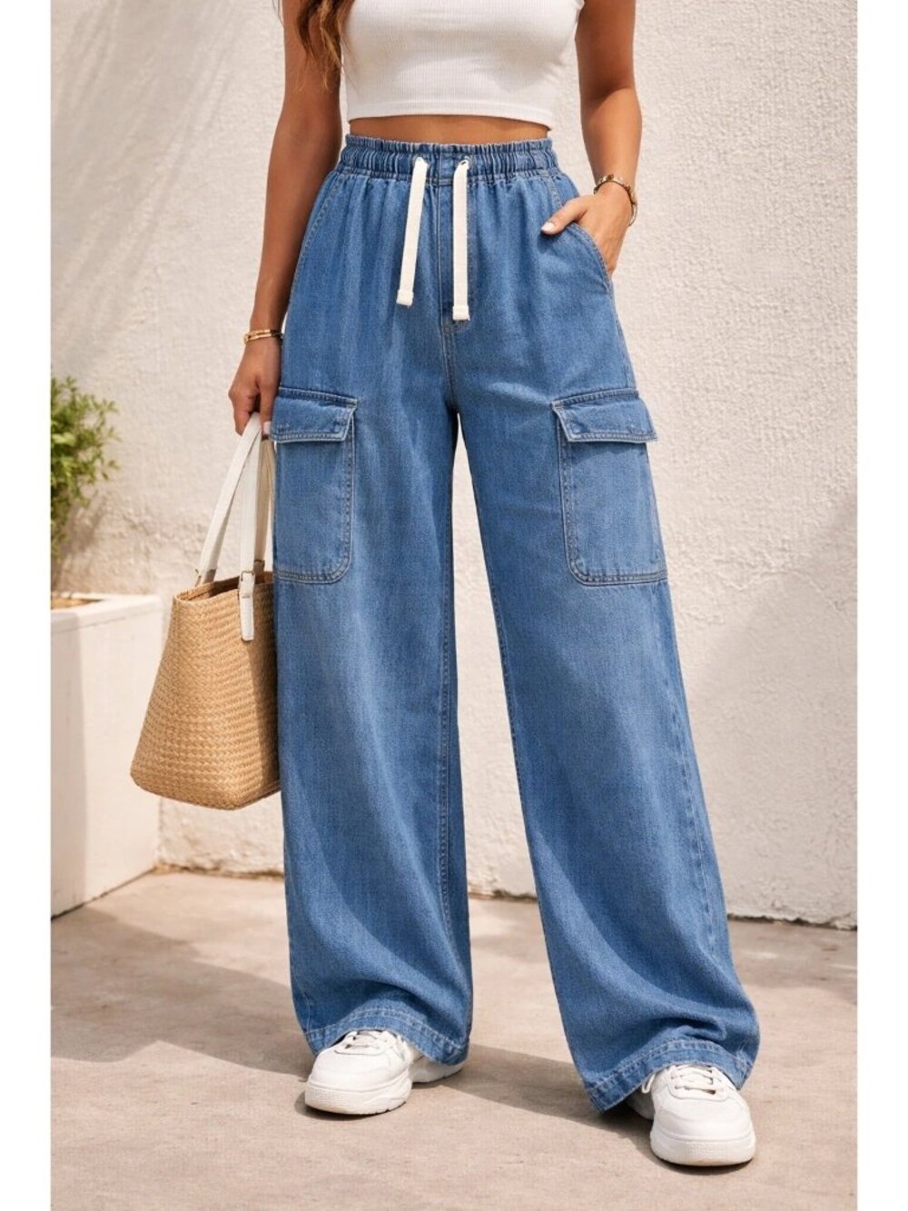 GAP High Rise Wide Leg Cargo Jeans Blue Denim Pant Drawstring Waist Sz XL